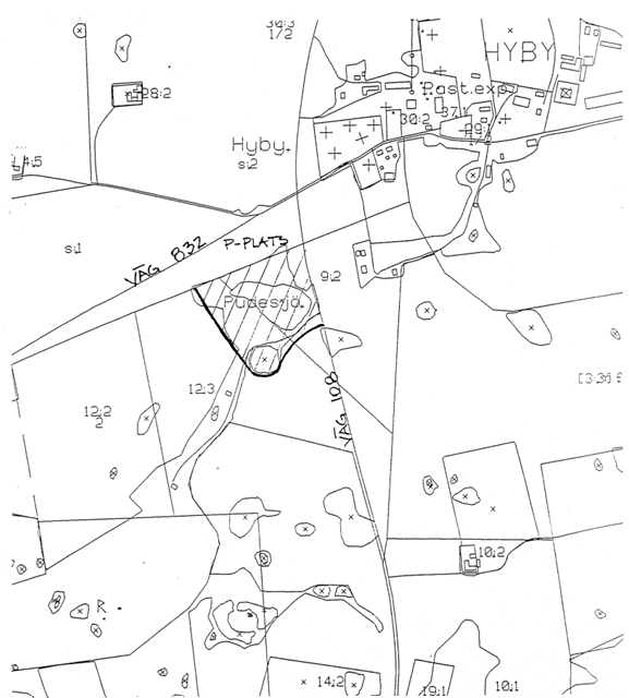 Karta över del av Svedala kommun, visar Hyby tätort, Pudesjö samt del av väg 108. I gråskala.