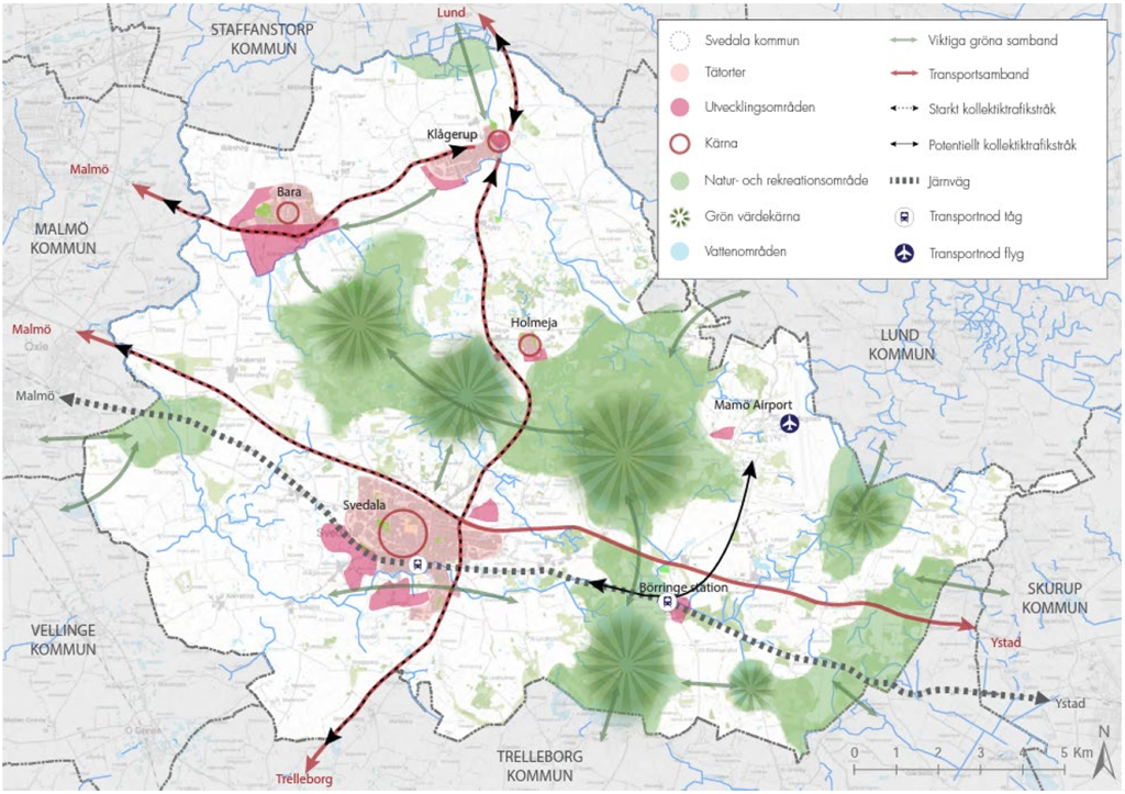 Översiktskarta Svedala kommun, utmärkta natur- och utvecklingsområden sampt olika transportsträckor.