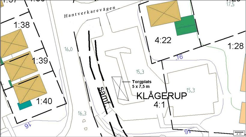 Kartbild över Klågerup med torgplats utmarkerad på parkeringsplats vid Hantverkaregatan 